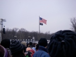 The crowd and the flag at the end of the reflecting pool, Lincoln Memorial